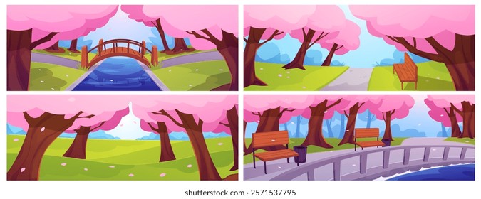 Vector illustration of a set with the image of a park with a daytime landscape of cherry blossoms. Park with Asian cherry blossoms with a meadow, roads, a river and a bridge. Cartoon style.