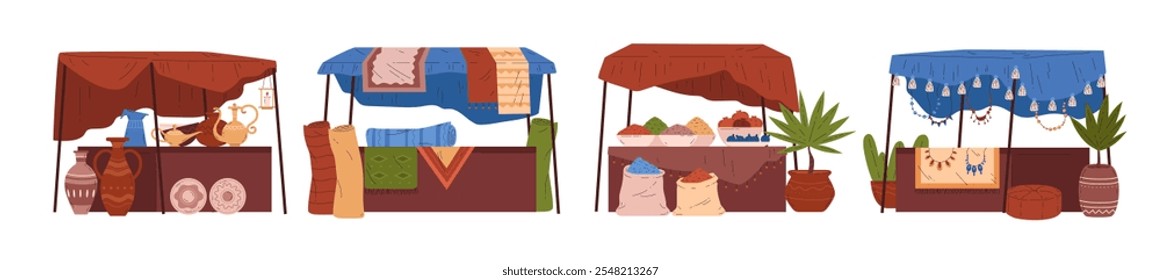 Ilustración vectorial de un conjunto con la Imagen de varias carpas para el bazar oriental. Tiendas para comerciantes, cerámicas, telas, alfombras y especias. Estilo plano de la historieta en un fondo aislado.