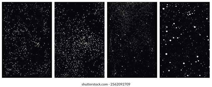 Vector illustration of a set with the image of white grainy texture of different sizes on an isolated black background. Snow or dust overlay effect. Christmas abstract background. Snowfall.