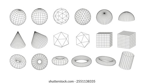 Vector illustration of a set with the image of wireframe shapes of geometric elements: torus, cube, sphere and abstract figures. Perspective with retro and cyber themes. 00s Y2k aesthetics.