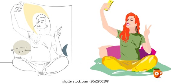 vector illustration of a set of images of a blogger girl leading an online broadcast by phone while sitting on a bed in home pajamas surrounded by pillows