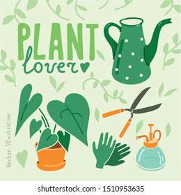 vector illustration set of images of a lover of plant, watering can, potted flower, anthurium, garden gloves, spray bottle, pruner, shears, leaves