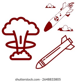 vector illustration set of images of missiles and nuclear bomb explosion effects