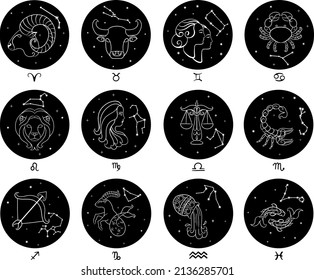 Vektorgrafik. Set von Bildern von Tierkreiszeichen und deren Sternbildern. 
Weiße Umrisse auf schwarzem Hintergrund. Astrologie