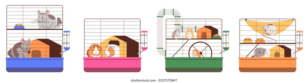 Ilustración vectorial de un conjunto que incluye jaulas con varias mascotas. Hámsteres, chinchillas, ratas y conejillos de indias habitan estas casas de animales en estilo de dibujos animados planos.