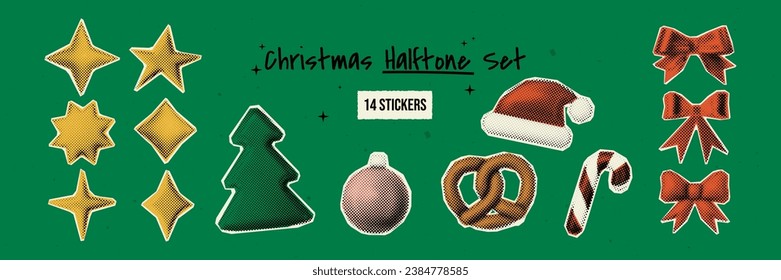 Vector illustration - Set including Stars,Christmas tree, bows, Santa hat,Christmas candy cane,Christmas ball with a halftone effect. Retro collage elements. Trendy stickers in pop art or grunge style