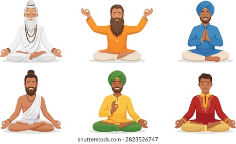 Vector illustration set of Indian men, gurus, and yogis sitting in lotus posture, practicing meditation peacefully with traditional mudra hand gestures.