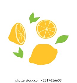Vector illustration. Set of individual lemons and leaves. Sample. Whole and cut lemon.