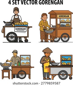 Vector illustration set of Indonesian fried snack carts labeled “Gorengan,” with vendors and various food arrangements. A lively depiction of traditional street food culture, perfect for restaurant branding, posters, packaging, or cultural projects.
