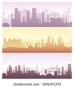 Vector illustration set of industrial backgrounds, banners. Collection of manufacture landscapes with pollution, factory silhouettes in pastel colors, flat style.