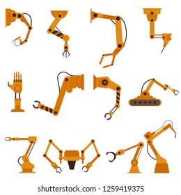Vector illustration set of industrial manufacturing automation robotic arm in flat style isolated on white background - technology of yellow factory mechanical hydraulic hand.