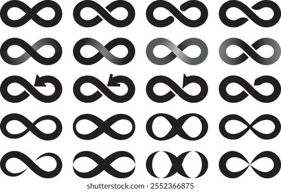 Vector illustration set of infinity in various shapes, infinity symbol, and Moebius strip