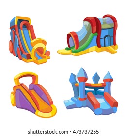 Vector illustration set of inflatable castles and children hills on playground. Pictures in modern flat style, isolate on white background