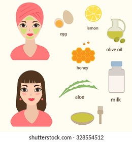 Vector illustration of a set of ingredients for facials. Natural ingredients for facials. Face care.