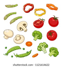 vector illustration set of ingredients: sweet pepper, tomato, asparagus, carrot slices, green peas, broccoli, champignons on white background
