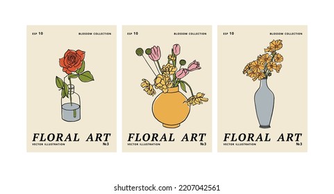 Vector illustration set of ink floral posters with different flowers and vase. Art for for prints, wall art, banner, background