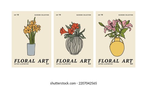 Vector illustration set of ink floral posters with different flowers and vase. Art for for prints, wall art, banner, background