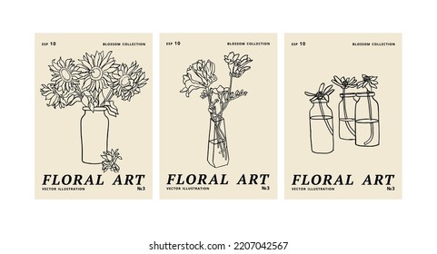 Ilustración vectorial de afiches florales de tinta con diferentes flores y jarrón. Arte para impresiones, arte en la pared, banner, fondo