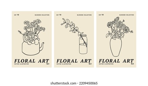 Vector illustration set of ink floral posters with different flowers and vase. Art for for prints, wall art, banner, background