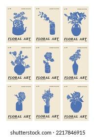 Vektorgrafik-Set mit Blumenplakaten mit verschiedenen Blumen und Vasen. Kunst für Drucke, Wandkunst, Banner und Hintergrund