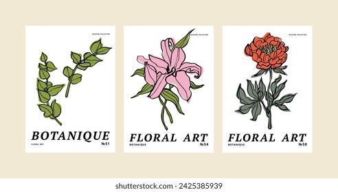 Vector illustration set of ink floral posters with different flowers and vases. Art for prints, wall art, banner, and background