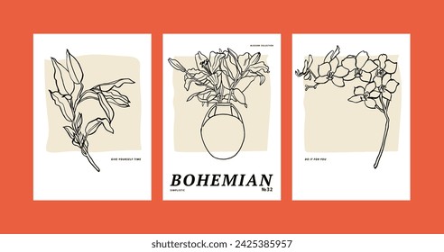 Vector illustration set of ink floral posters with different flowers and vases. Art for prints, wall art, banner, and background