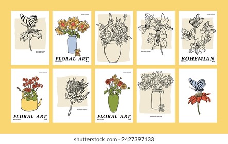 Vector illustration set of ink floral posters with different flowers and vases. Art for prints, wall art, banner, and background
