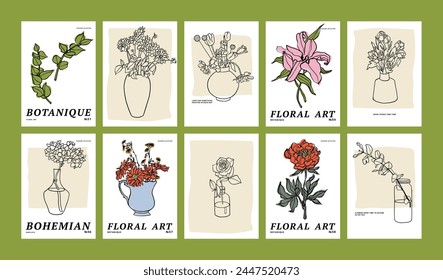 Vector illustration set of ink floral posters with different flowers and vases. Art for prints, wall art, banner, and background