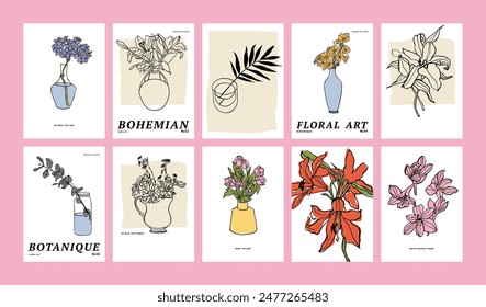 Vector illustration set of ink floral posters with different flowers and vases. Art for prints, wall art, banner, and background