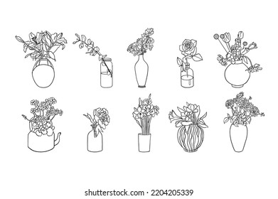 Vector illustration set of ink flowers in vases. Art for for prints, wall art, banner, background