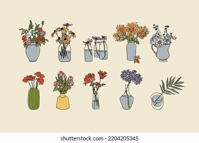 Ilustración vectorial de flores de tinta en jarrones. Arte para impresiones, arte en la pared, banner, fondo