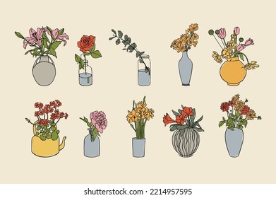 Vector illustration set of ink flowers in vases. Art for for prints, wall art, banner, background