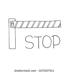  Vektorillustration. Mit Inschrift Stopp und Barrierenlinie auf weiß. Handgezeichnete Doodle-Clipart-Kunst. Line Art in einem trendigen minimalistischen Stil. Logo, Social Media Highlight Cover, Symbol.