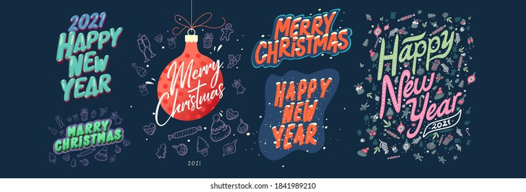 Vector illustration. Set of vector inscriptions about Christmas and New Year holidays with painted objects in the background.
