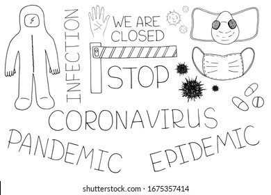  Ilustración vectorial. Conjunto de inscripciones e ilustración del coronavirus: traje protector, respirador, máscara médica, barrera e imagen del virus en blanco. Pieza de doodle dibujada a mano.