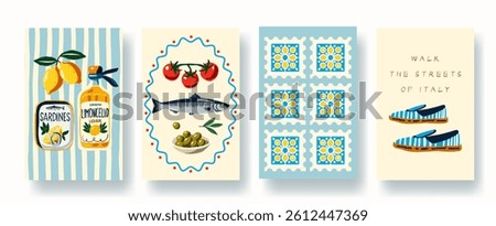 Vector illustration set inspired by Italy featuring sardines, limoncello bottle, tomatoes, fish, olives, ceramic tiles, and striped espadrilles. Mediterranean food, culture, and travel themed graphic 