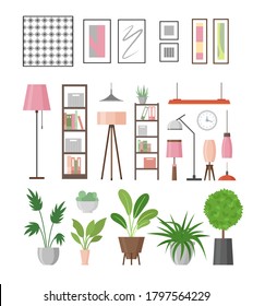 Ilustración vectorial de elementos de decoración interior. Plantas domésticas en ollas, lámparas, estantes y cuadros en marcos para la decoración de tu sala de estar u oficina. Colección de muebles de estilo plano