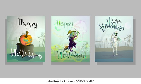 Vector illustration of a set of invitation cards with the image of monsters. Illustration of Halloween invitation cards. Happy Halloween lettering