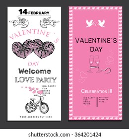 Vector illustration of set invitation for Valentines day on chalk board background. Template for celebration design, card and post card, banners