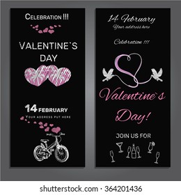 Vector illustration of set invitation for Valentines day on chalk board background. Template for celebration design, card and post card, banners