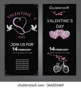 Vector illustration of set invitation for Valentines day on chalk board background. Template for celebration design, card and post card, banners