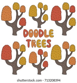 vector illustration set isolate colorful autumn brown,gold,red,orange,yellow trees with lettering -doodle trees on white background