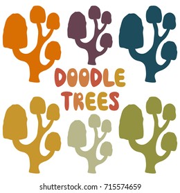 vector illustration set isolate silhouette colorful autumn blue,purple,orange,yellow trees with lettering -doodle trees on white background