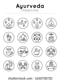 Vector illustration with set of isolated ayurveda icons on white background in trendy linear style for design alternative medicine center, ayurvedic massage, landing, website, yoga studio. 