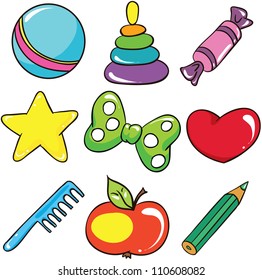 Ilustración vectorial - conjunto de   Iconos aislados de los juguetes y de los accesorios de los niños de la historieta en el fondo blanco