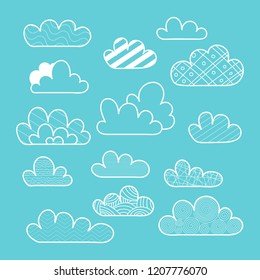 Vector Illustration. Set of Isolated cartoon cloud on blue backgroun. Cloud with different dicoration elements for background, poster, card