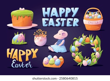 Vector illustration set of isolated cartoon Easter elements, festive cake, decorated eggs, toy mouse, floral wreath, holiday basket. Perfect for greeting cards, posters, and seasonal projects.