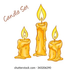 vector illustration of set with isolated cartoon hand drawn melted candles. 