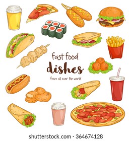 vector illustration of set with isolated cartoon hand drawn fast food dishes. 