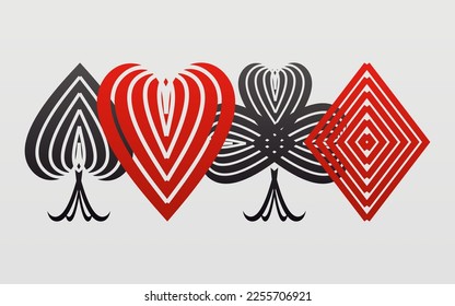 Vector illustration of a set of isolated colored card suits standing in one row: hearts, clubs, spades and diamonds in original style, playing card symbols - stock vector